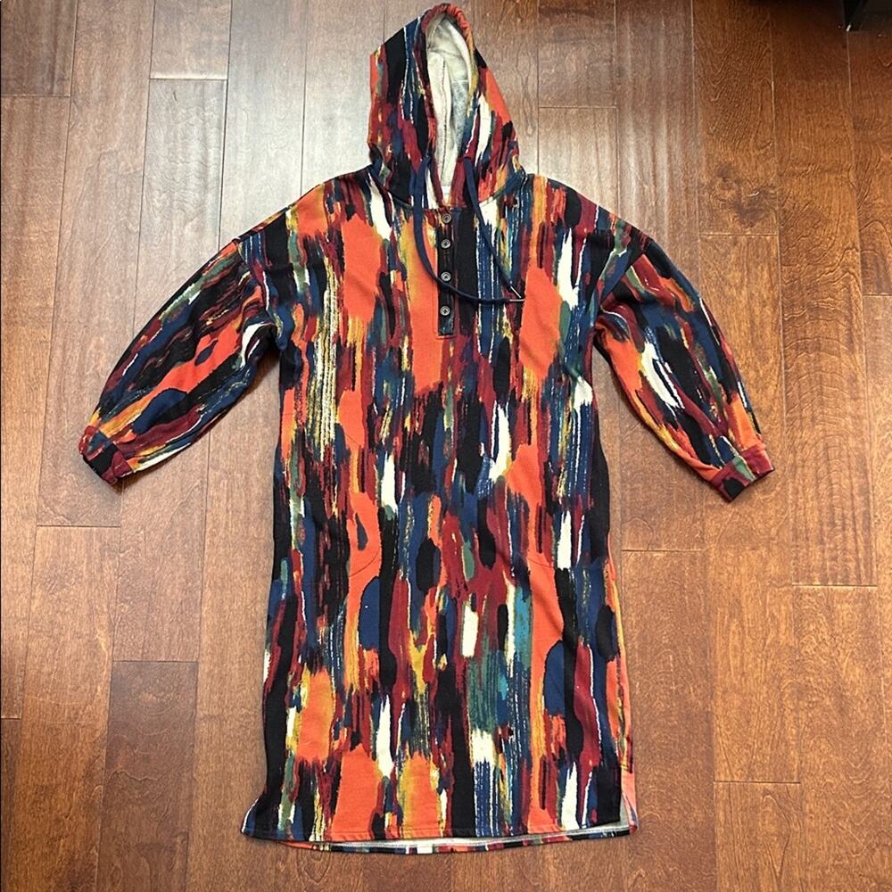 Amani Women’s Hooded Kaftan in an Abstract Rich Color Palette, Size Small